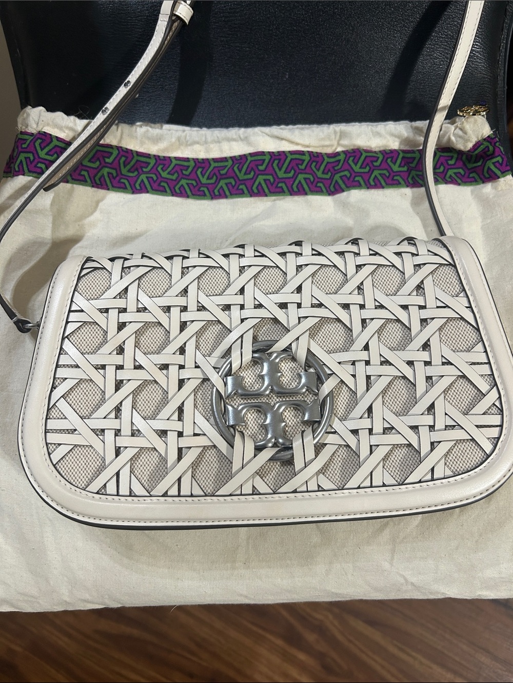 Tory Burch Off-White Woven Leather Shoulder Bag with Silver Logo